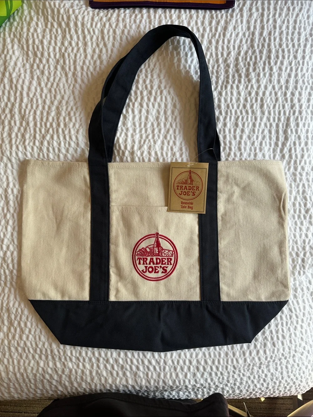 Trader Joe's Canvas Tote Bag in Cream and Navy